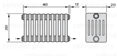 Схема (чертеж) Радиатор Zehnder Charleston 6026/10 №2670 Белый глянцевый RAL 9016